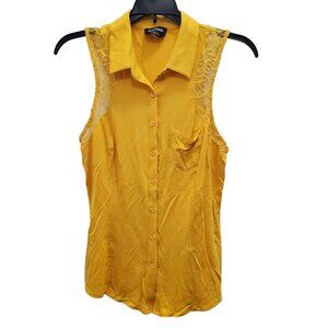 Bebe Women's Y2K Golden Rod Lace Trim Super Soft Knit Button Up Sleeveless Top M